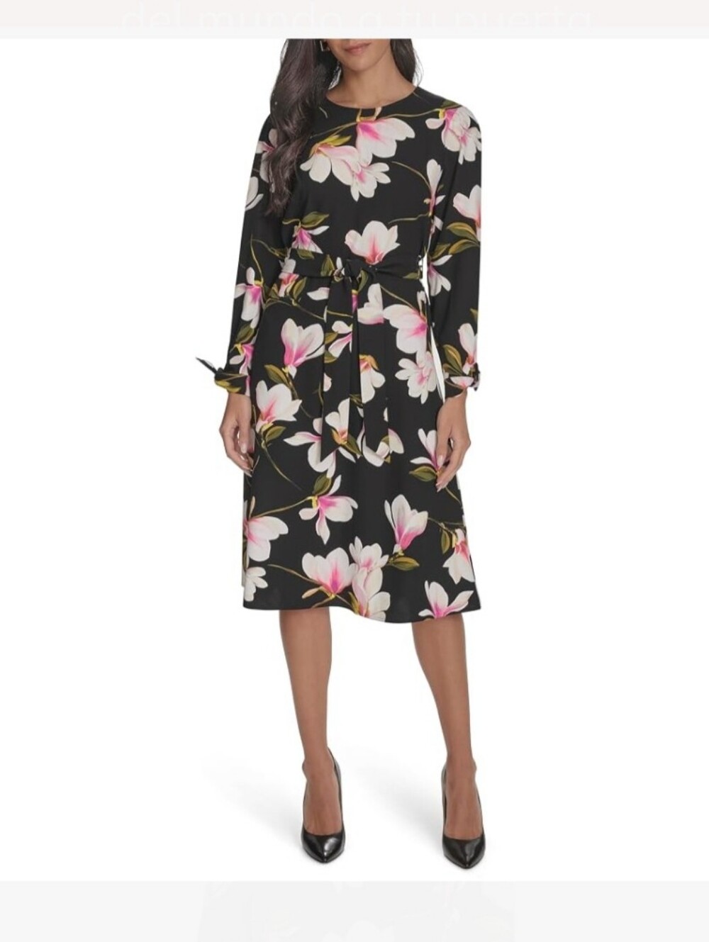 Halston NWT $139 Size 6 Black Pink Floral Belted Long Sleeve Midi Dress